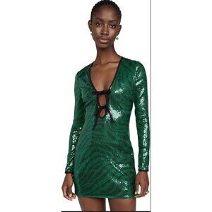 The Wolf Gang Brillo Sequin Dress Emerald Green Size L Long Sleeve Mini V-Neck